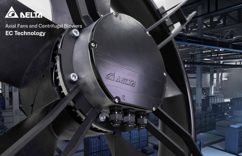 Close-up of a black Delta industrial fan motor and housing, with a data centre and rows of server racks in the background.